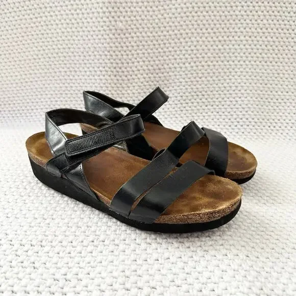 Naot Kayla Black Matte Leather Strappy Corkbed Low Platform Wedge Sandals 41 L10 - Picture 9 of 9